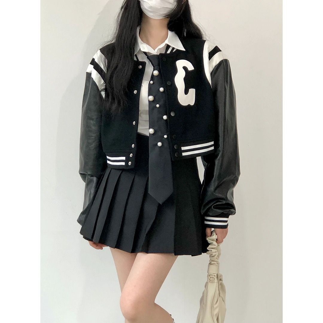 125826-美式复古棒球服女春秋季韩版ins潮宽松拼接字母刺绣短款夹克外套-详情图