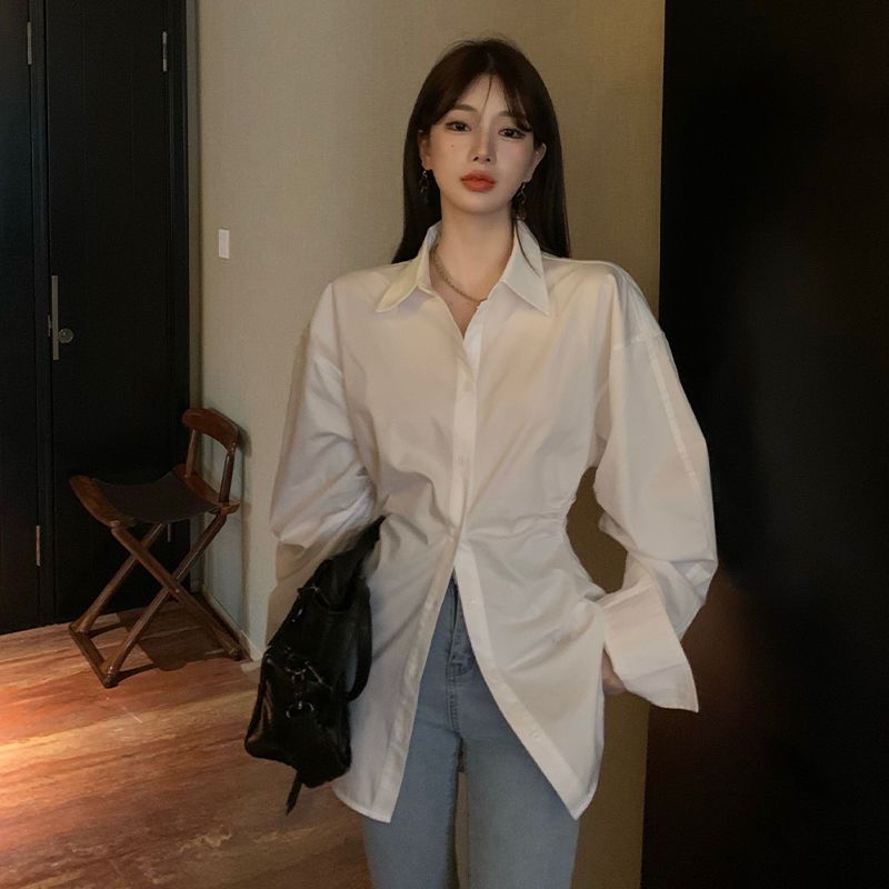 襯衫女收腰修身長袖內搭襯衣春夏新款設計小眾韓版白色上衣