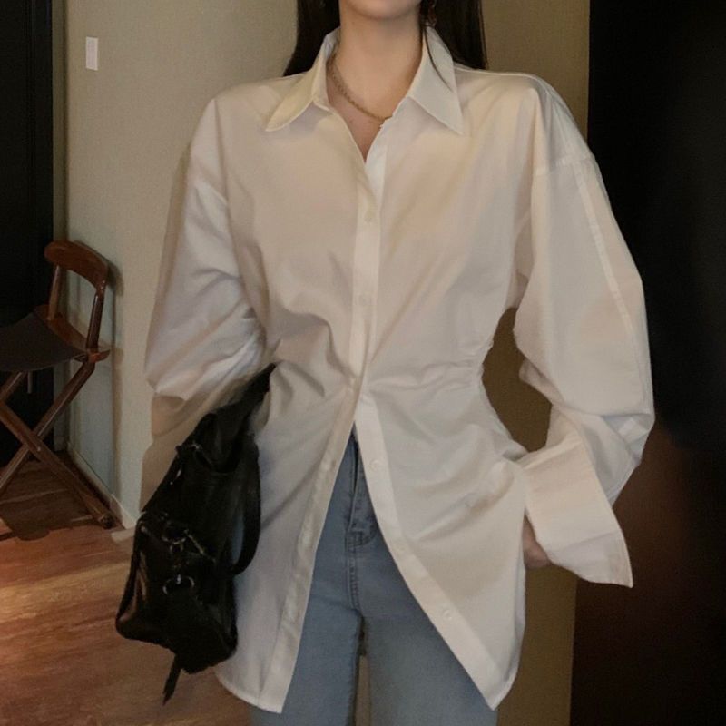 衬衫女收腰修身长袖内搭衬衣春夏新款设计小众韩版白色上衣