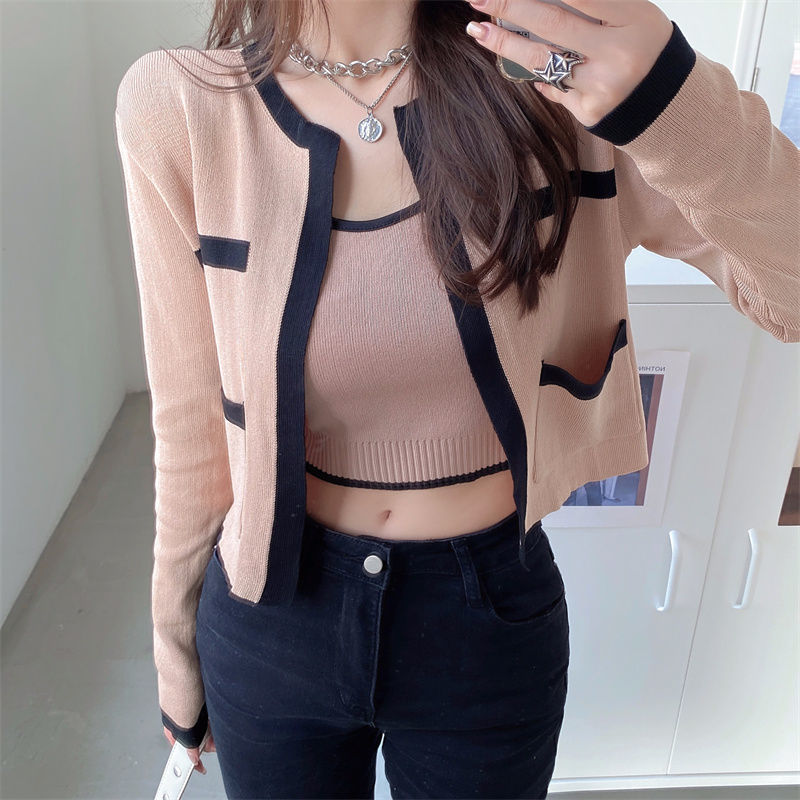  winter clothes with camisole vest + short pocket cardigan with contrasting color knitted top two-piece set for women
