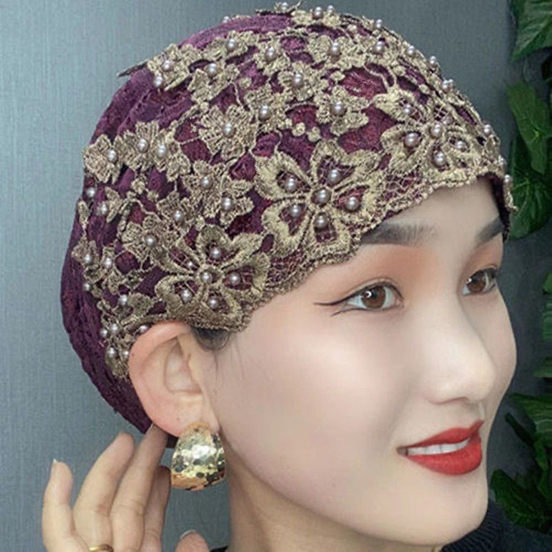 Autumn and winter new upper new Muslim Hui hat breathable baotou hat casual beaded lace hat mother hat pullover