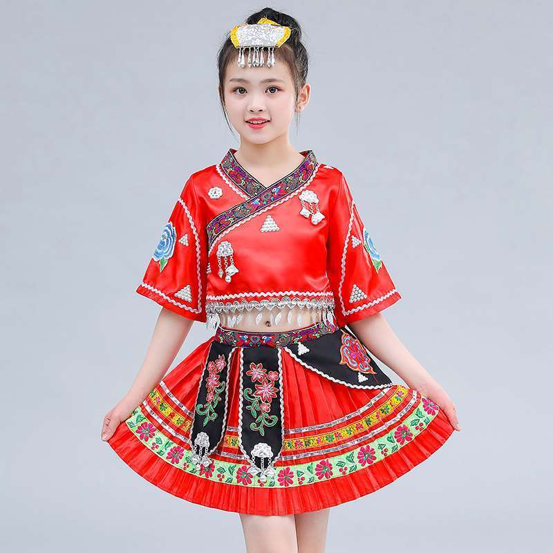 新款儿童苗族演出服舞蹈少数民族服装彝族三月三壮族群舞云南女童