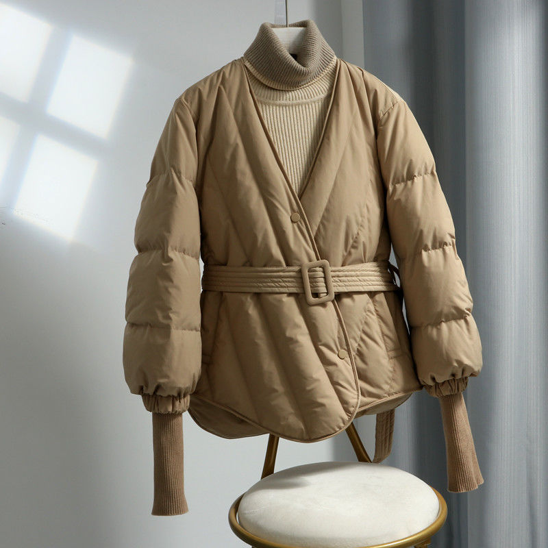 2022新款時尚短款V領羽絨棉服女洋氣腰帶收腰小個子加厚外套爆款