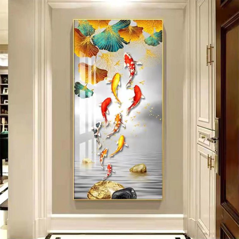 正品晶瓷玄关装饰画九鱼图入户走廊过道画五福临门高档正对门挂画