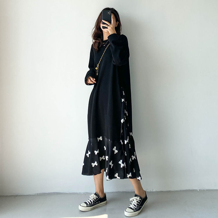 Fat MM Extra Large Size 300 Jin Sweater Dress 2023 Spring and Autumn Loose Hidden Meat Looks Thin Stitching Fake Two-Piece Dress