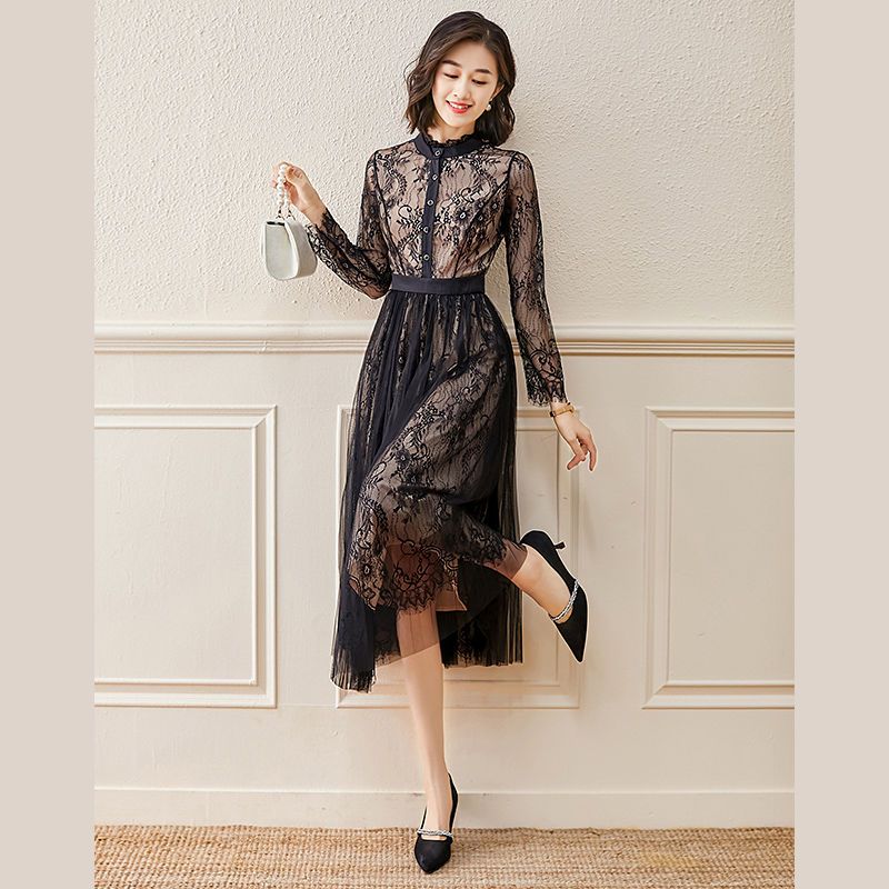 春季气质连衣裙春装女2022年新款女装蕾丝时尚长袖黑色衬衫中长裙