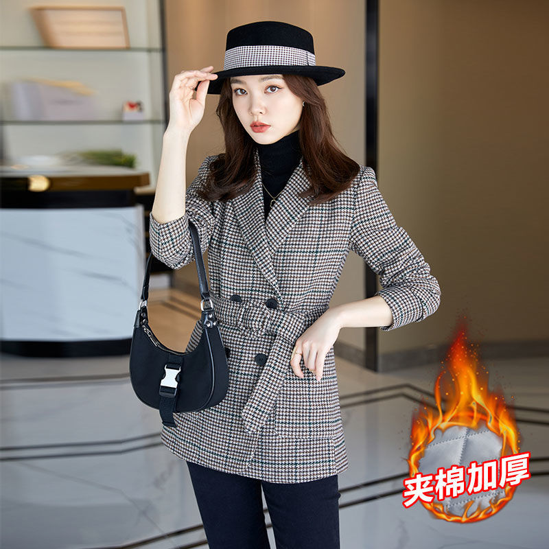 Houndstooth plaid woolen coat women's spring and autumn  new short cotton thickened woolen suit coat