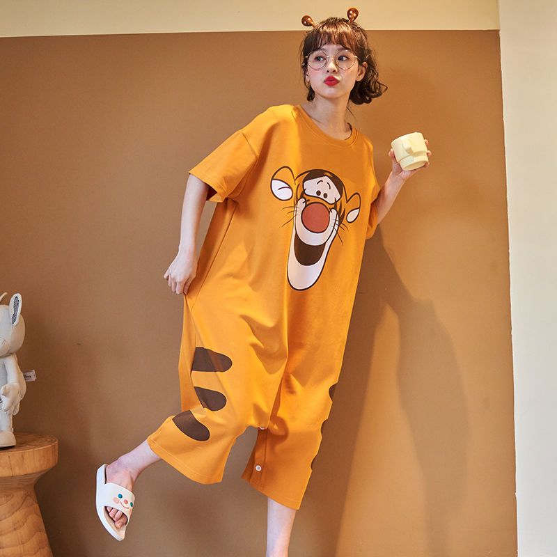 100% cotton nightdress women's summer short-sleeved one-piece spring and autumn home service large size 200 catties long knee-length pajamas dress