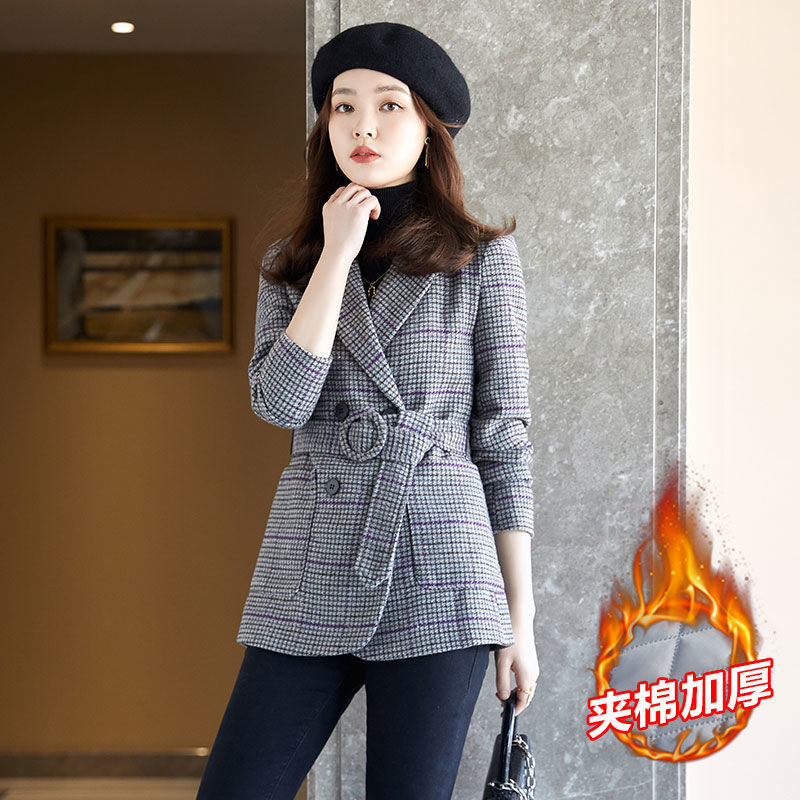 Houndstooth plaid woolen coat women's spring and autumn  new short cotton thickened woolen suit coat