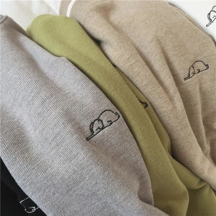 雙面德絨保暖刺繡小象t恤女打底衫保暖秋冬新款百搭長袖圓領上衣