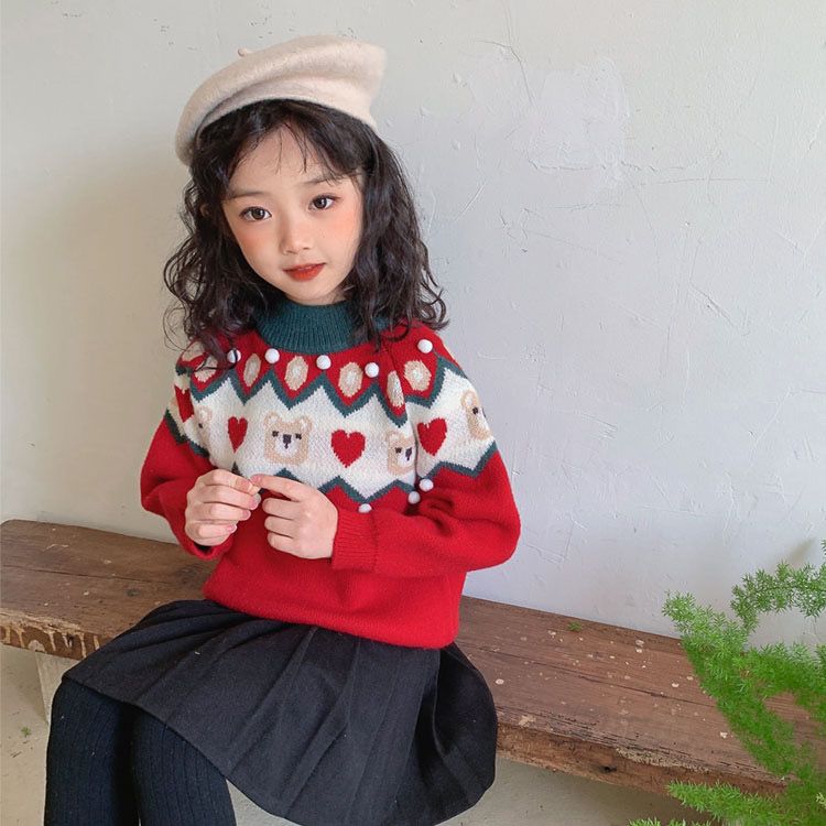 Girls' Christmas Sweater  Autumn and Winter New Fashionable Children's Thickened Knitted Sweater, Medium and Large Children's Pullover Sweater