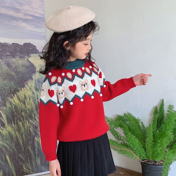 Girls' Christmas Sweater  Autumn and Winter New Fashionable Children's Thickened Knitted Sweater, Medium and Large Children's Pullover Sweater