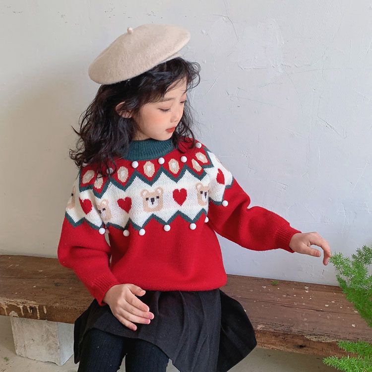 Girls' Christmas Sweater  Autumn and Winter New Fashionable Children's Thickened Knitted Sweater, Medium and Large Children's Pullover Sweater