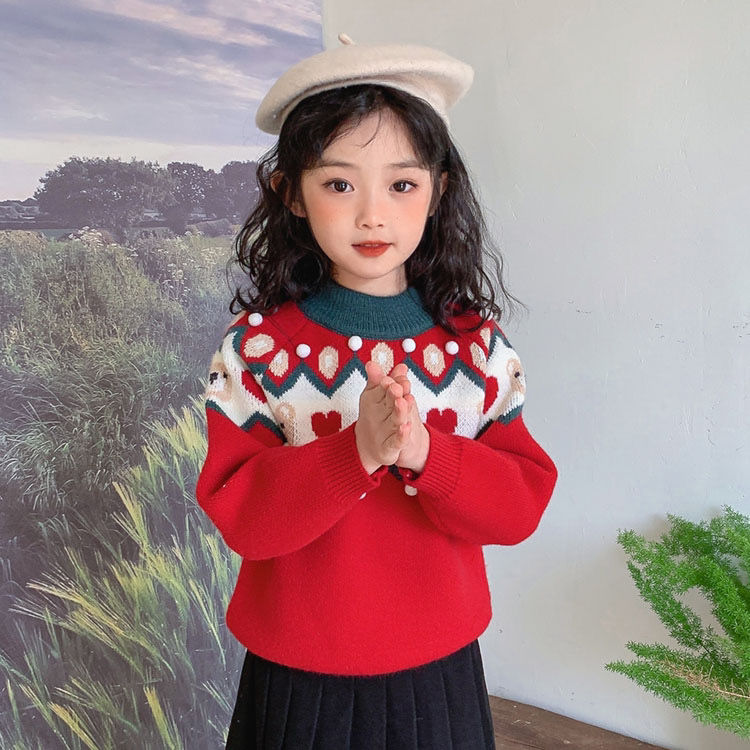 Girls' Christmas Sweater  Autumn and Winter New Fashionable Children's Thickened Knitted Sweater, Medium and Large Children's Pullover Sweater