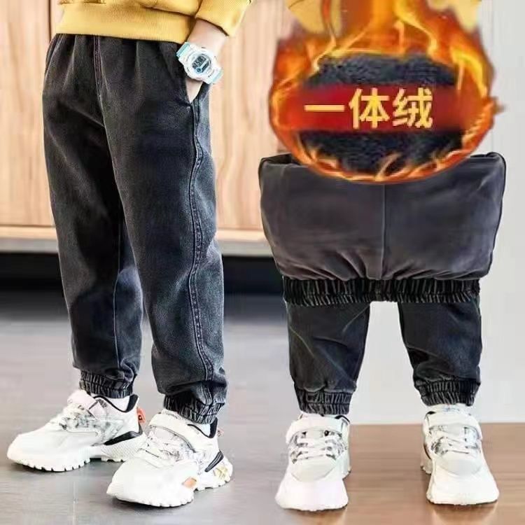 童裝男童牛仔褲2021秋冬款加絨寬鬆長褲中大童韓版一體絨束腳褲潮