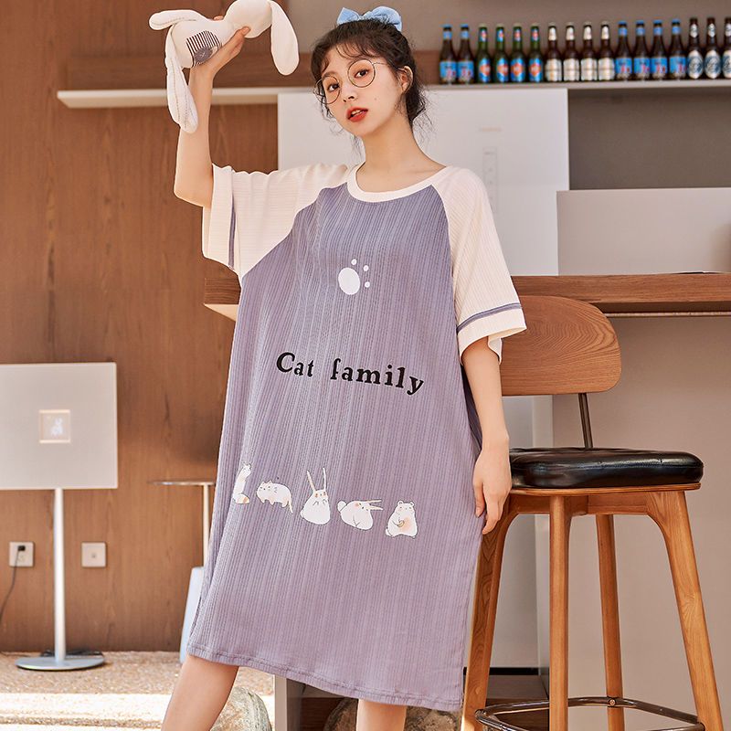 New nightdress women's summer short-sleeved pure cotton Korean student casual pajamas women's mid-skirt cute thin section home service large size