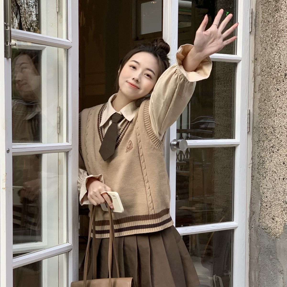 Three-piece suit/single-piece preppy sweater vest female student sleeveless knitted vest + shirt pleated skirt suit