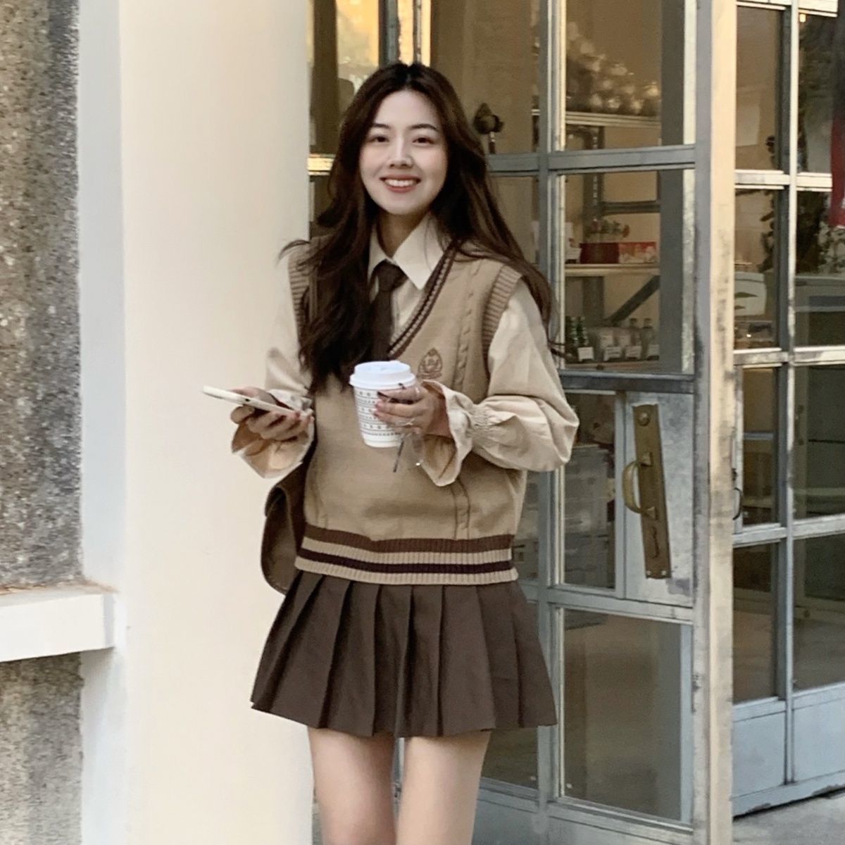 Three-piece suit/single-piece preppy sweater vest female student sleeveless knitted vest + shirt pleated skirt suit