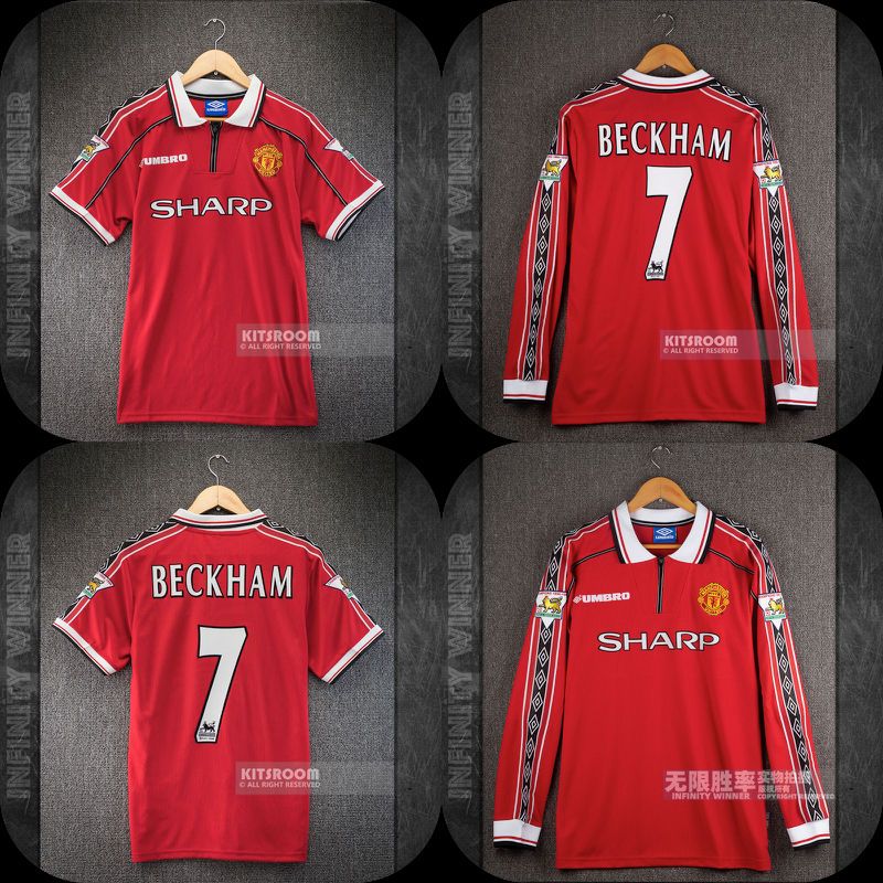 9899三冠王曼联复古足球球衣主场长短袖7号贝克汉姆男训练服套装