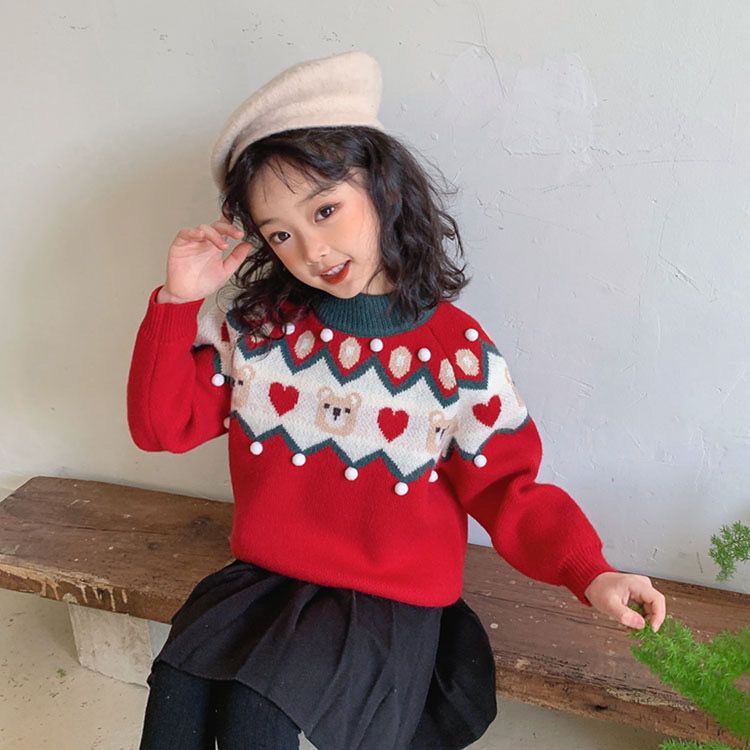 Girls' Christmas Sweater  Autumn and Winter New Fashionable Children's Thickened Knitted Sweater, Medium and Large Children's Pullover Sweater