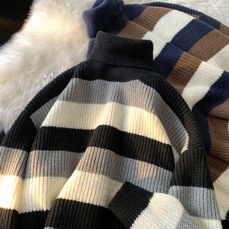 High-necked Contrasting Striped Sweater Men's Ins Trendy Retro Japanese Loose Autumn And Winter Knitted Sweater Teen Hong Kong Style Jacket_voghion.com