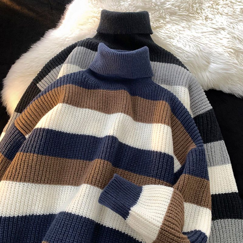 High-necked Contrasting Striped Sweater Men's Ins Trendy Retro Japanese Loose Autumn And Winter Knitted Sweater Teen Hong Kong Style Jacket_voghion.com