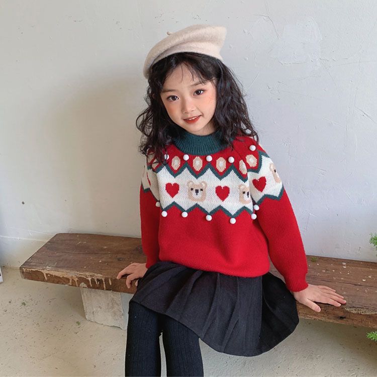 Girls' Christmas Sweater  Autumn and Winter New Fashionable Children's Thickened Knitted Sweater, Medium and Large Children's Pullover Sweater