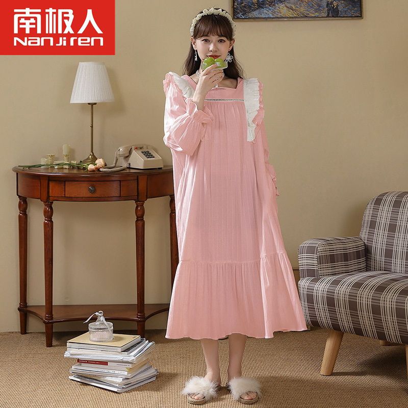 南极人2022新款粉色睡裙女秋冬薄款纯棉长袖睡衣春季长裙家居服夏
