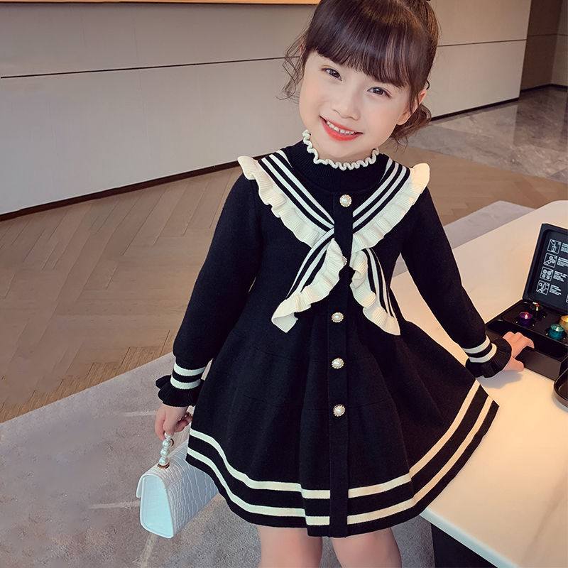 女童連衣裙秋裝兒童學院風裙子2022新款洋氣針織長袖小女孩毛衣裙