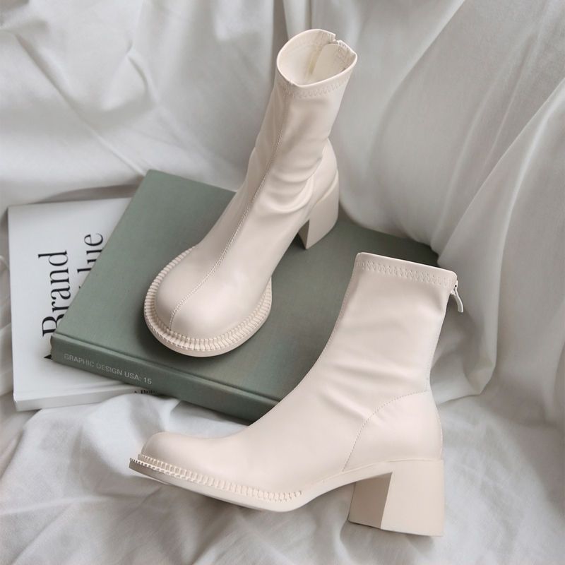 Moma's same style white short boots 2023 spring and autumn large-head elastic slim boots thick heel round toe back zipper Martin boots for women