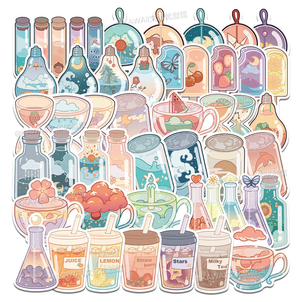50 original stickers ins style Korean beverage bottle stickers girly heart handbag milk tea cup decoration waterproof stickers