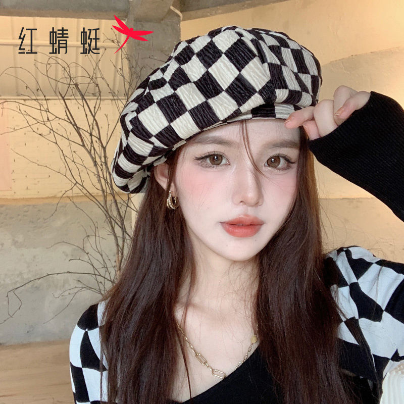 红蜻蜓棋盘格子贝雷帽女冬天百搭云朵帽大头围网红八角帽子秋冬季