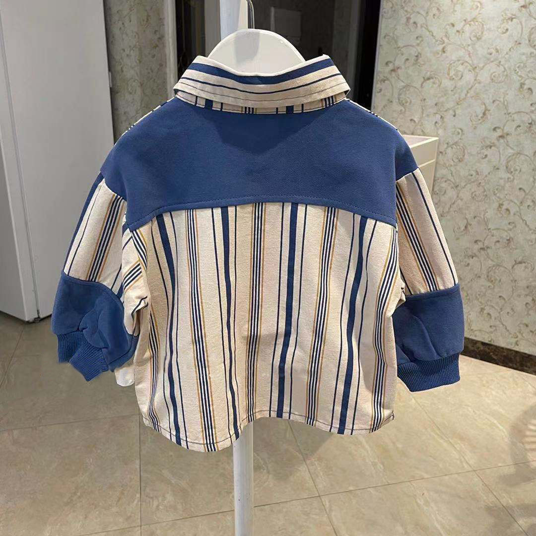 韩版童装2022年春秋男童小中童洋气个性拼接条纹长袖衬衫宝宝外套