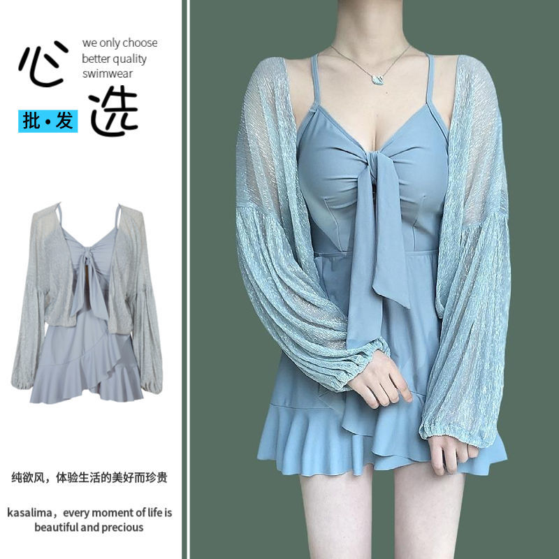 Korean swimsuit for women to cover belly and look slimming for conservative students 2023 fashion hot spring ins one-piece fairy style swimsuit