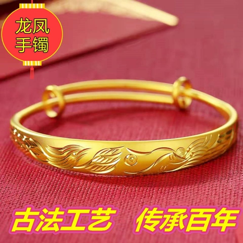 新款古法金手镯推拉可调大小不掉色仿真沙金手镯女不掉色永久镯子