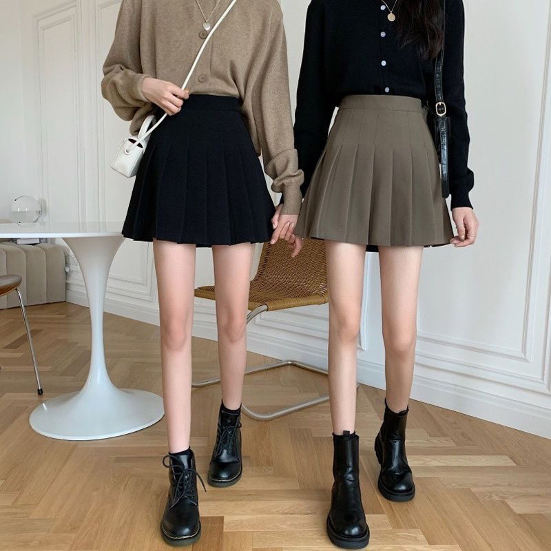 西装料a字半身裙女春秋2021新款防走光小短裙咖色百褶裙搭配上衣