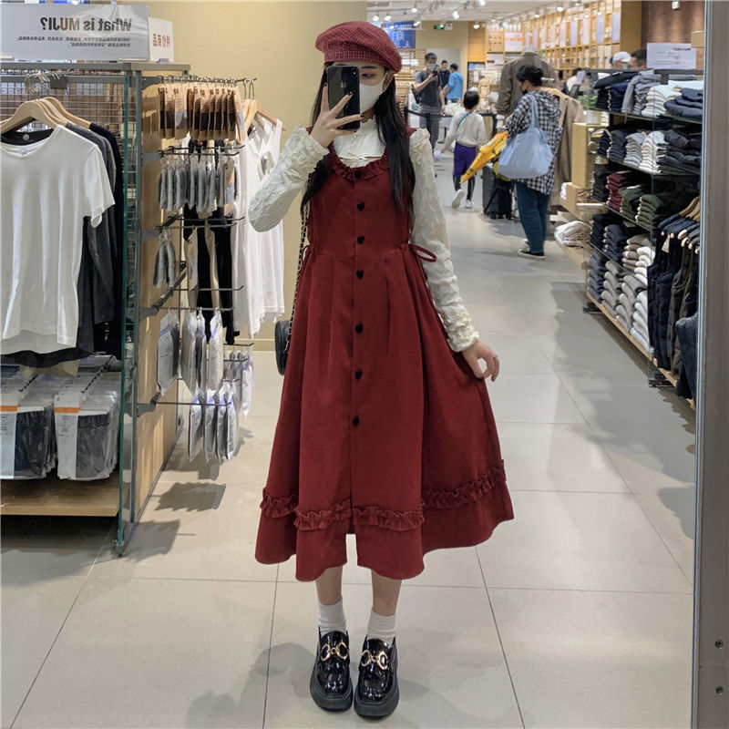 Corduroy red suspender dress suit female spring and autumn age reduction sweet sleeveless vest skirt bottoming shirt two-piece set