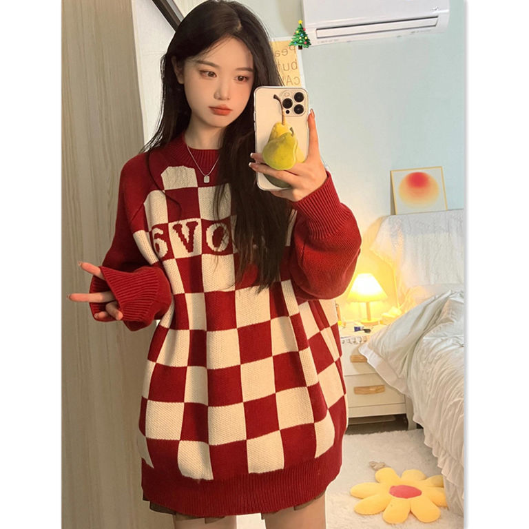 [Two-piece suit] Design sense checkerboard round neck sweater female retro Japanese knitwear high waist pleated skirt