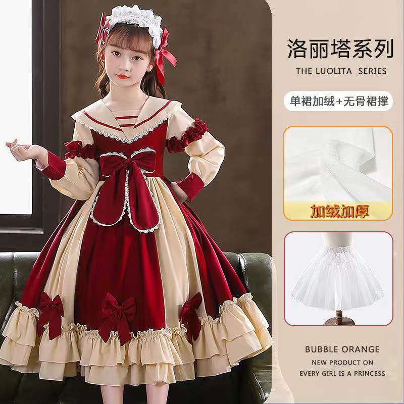 Genuine Girls' Spring and Autumn Dresses 2022 New Christmas Lolita Children's Style Princess Dresses Internet Celebrity Dresses