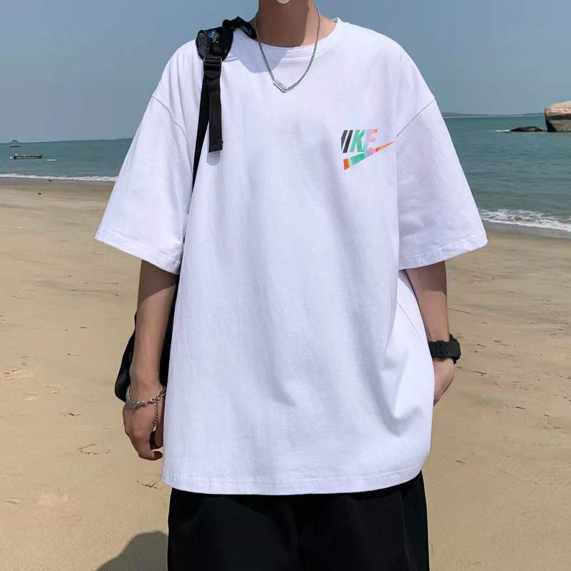 白色圓領短袖男士t恤百搭大碼ins上衣服寬鬆純棉印花半袖男裝體恤