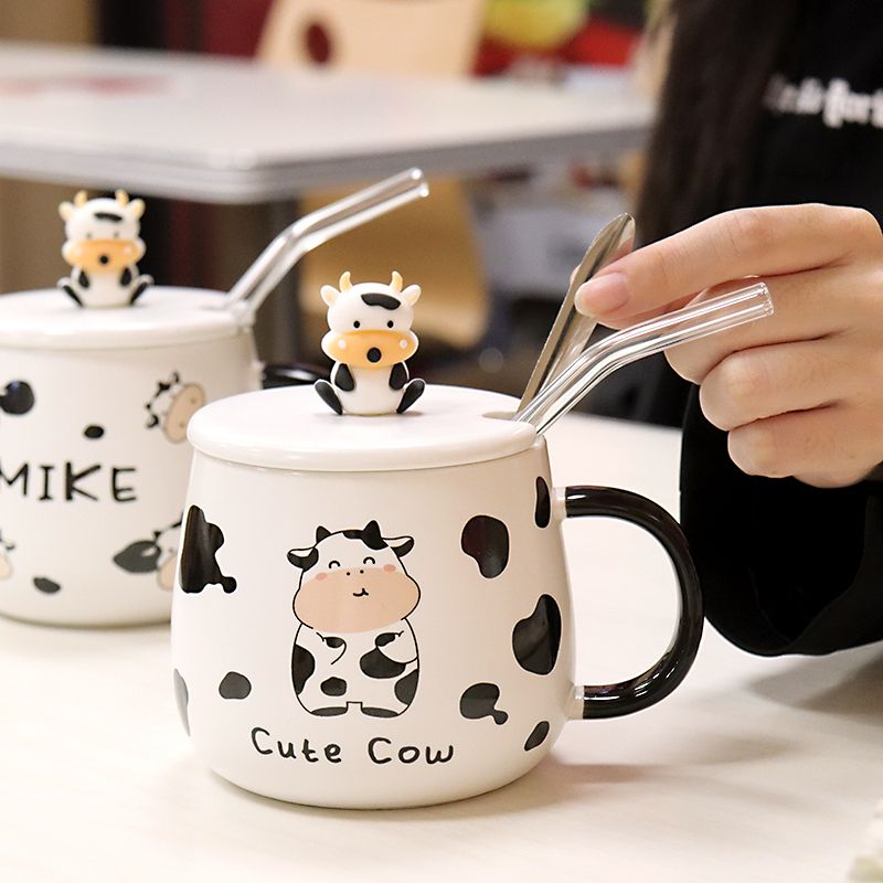 呆萌奶牛马克杯带盖勺陶瓷水杯家用大容量可爱动物杯女生牛奶杯