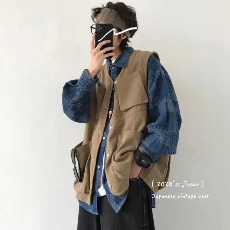 Two-piece tooling vest boys spring and autumn Hong Kong style denim plaid shirt with long-sleeved jacket trendy brand jacket