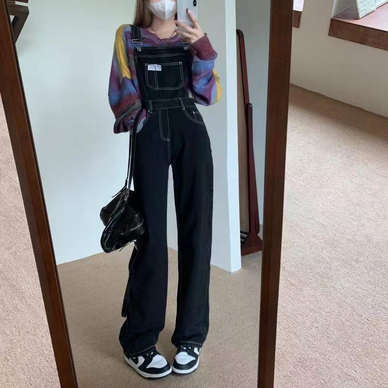 Black denim overalls women's 2023 spring and autumn new retro high waist loose all-match small Hong Kong style wide-leg pants