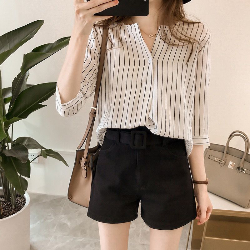 Summer new Korean style fashion large size round neck striped shirt women's three-quarter sleeve top loose casual shirt