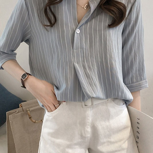 Summer new Korean style fashion large size round neck striped shirt women's three-quarter sleeve top loose casual shirt