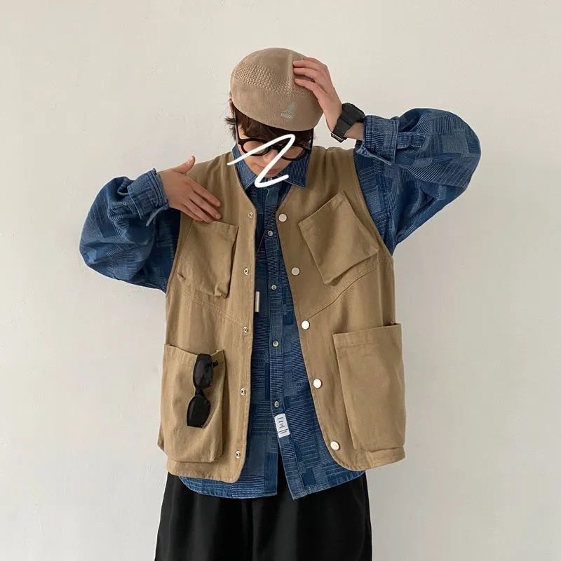 Two-piece tooling vest boys spring and autumn Hong Kong style denim plaid shirt with long-sleeved jacket trendy brand jacket
