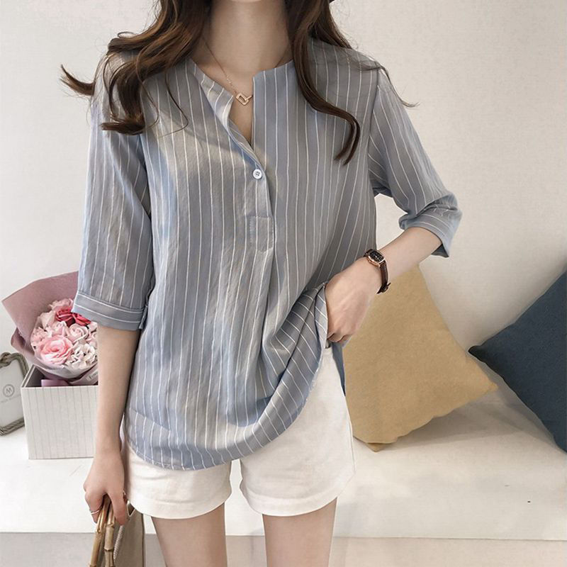 Summer new Korean style fashion large size round neck striped shirt women's three-quarter sleeve top loose casual shirt