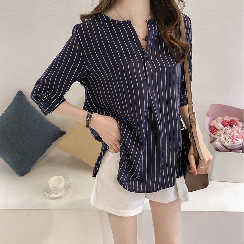 Summer new Korean style fashion large size round neck striped shirt women's three-quarter sleeve top loose casual shirt