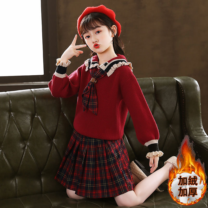 125928-女童秋冬套装2021新款加绒加厚儿童装JK制服冬季裙子学院风两件套-详情图
