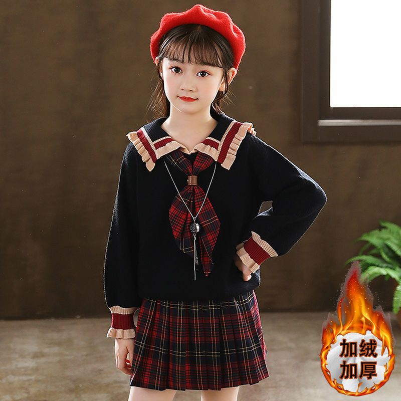 125928-女童秋冬套装2021新款加绒加厚儿童装JK制服冬季裙子学院风两件套-详情图